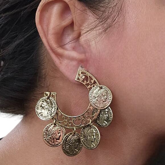 Chandelier Portrait Gold Tone Coins Hoop Drop Earrings - Picture 1 of 6